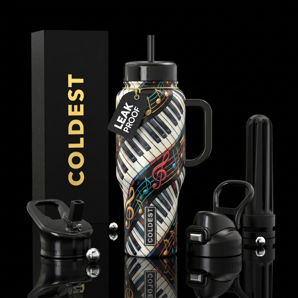 Piano keys length of cup and wraps aroud water bottle design
