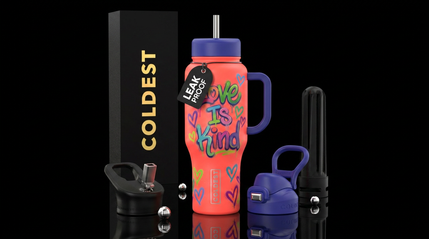 Neon coral bottle color, spray painted Love Is Kin... water bottle design