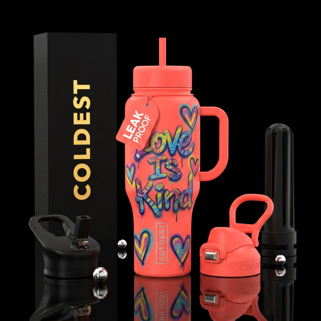 Neon coral bottle color, spray painted Love Is Kin... water bottle design