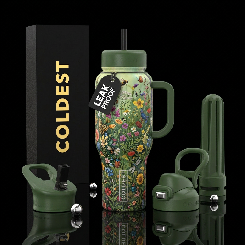 Lush colors fields of wild flowers with insects water bottle design