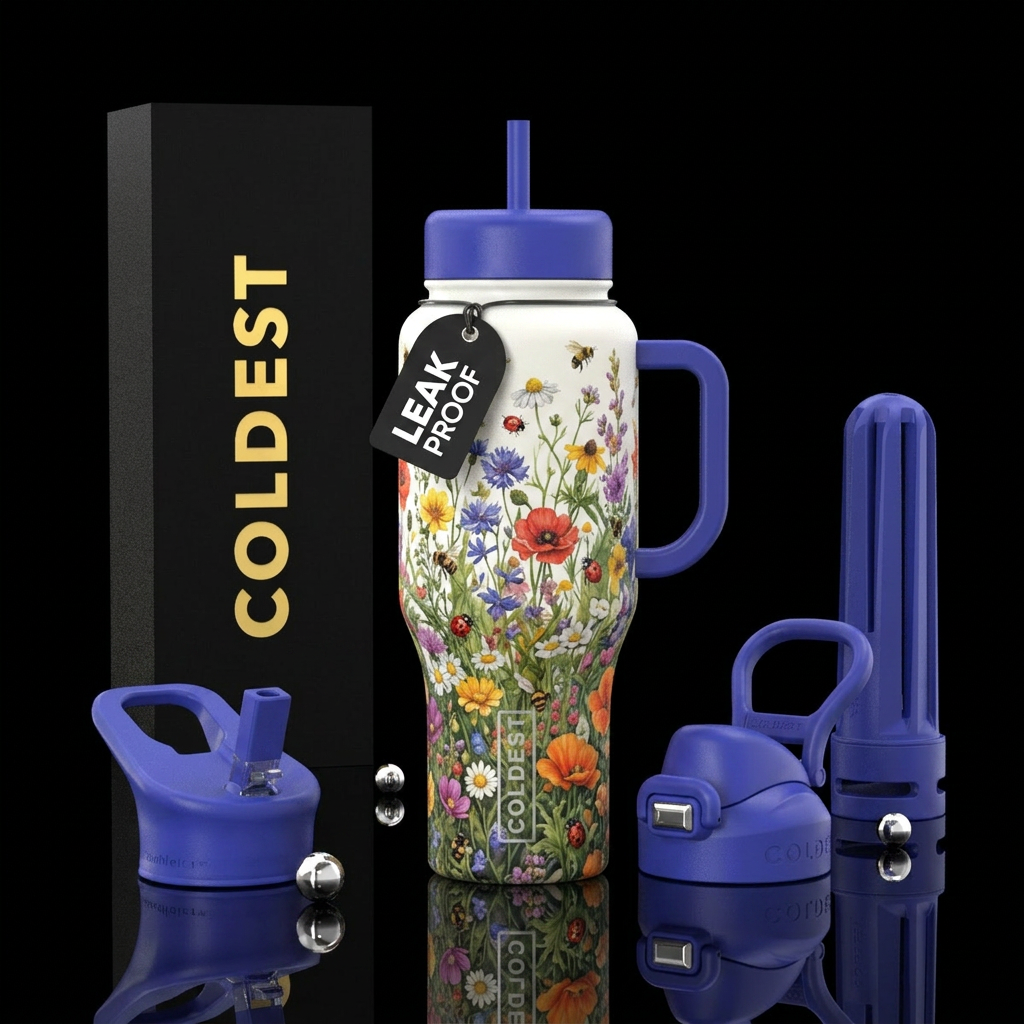 Lush colors fields of wild flowers with insects water bottle design