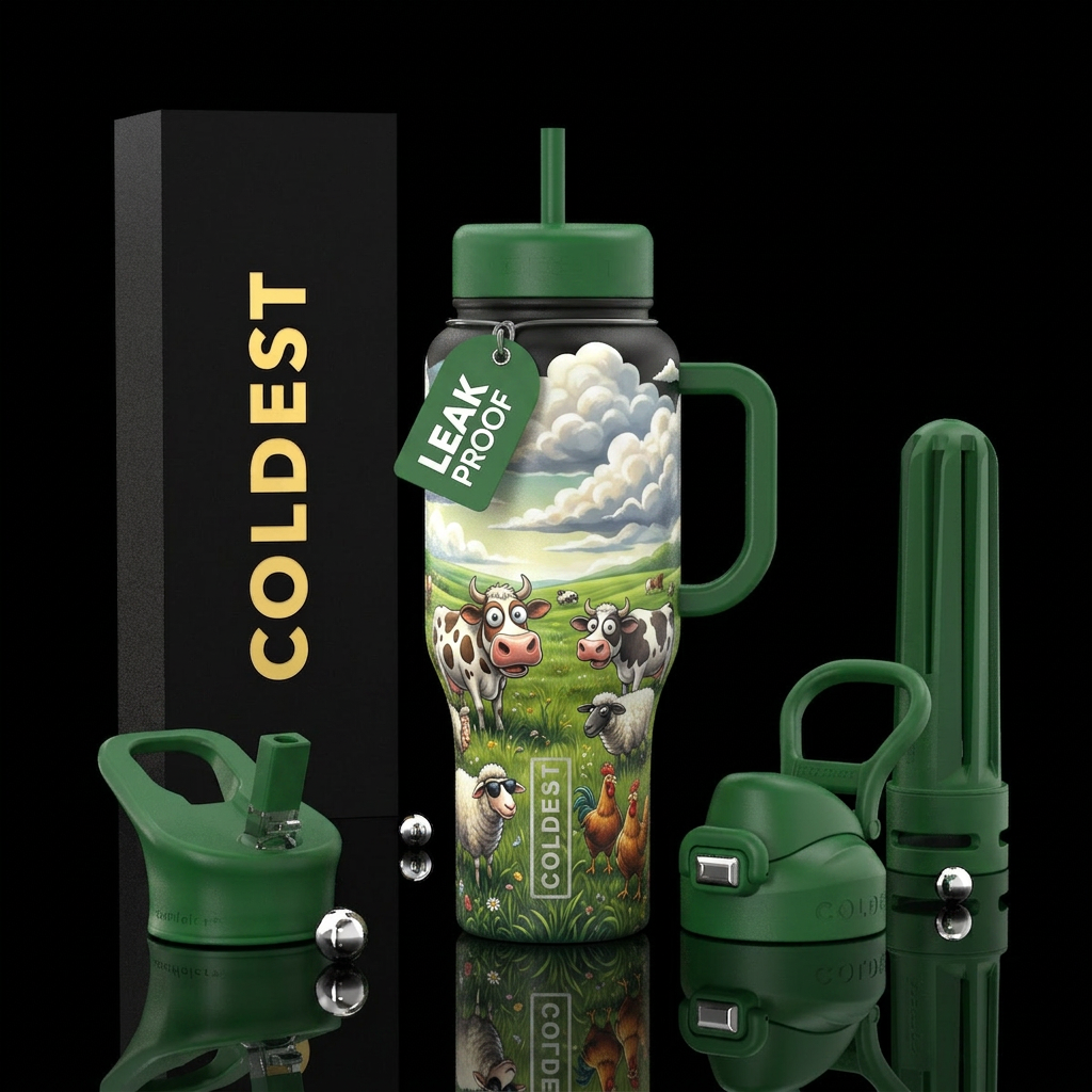 clouds, beautiful funny farm animals in pasture  w... water bottle design