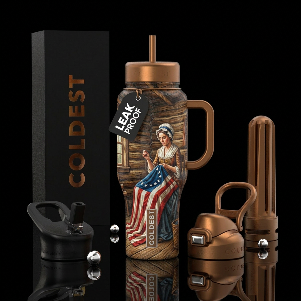 Ancient cabin Betsy Ross sewing American flag water bottle design