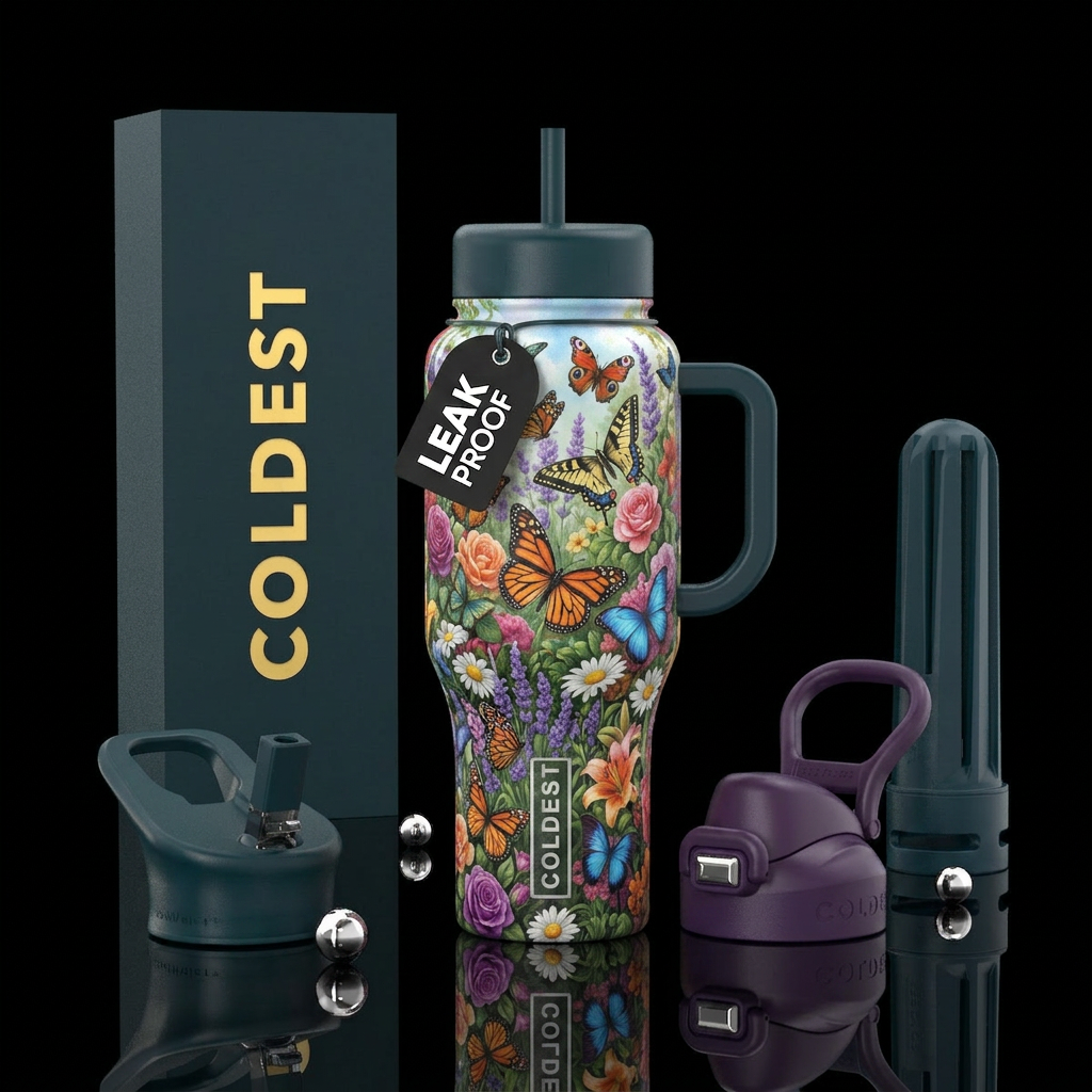 Butterfly garden vibrant beautiful colors flowers ... water bottle design