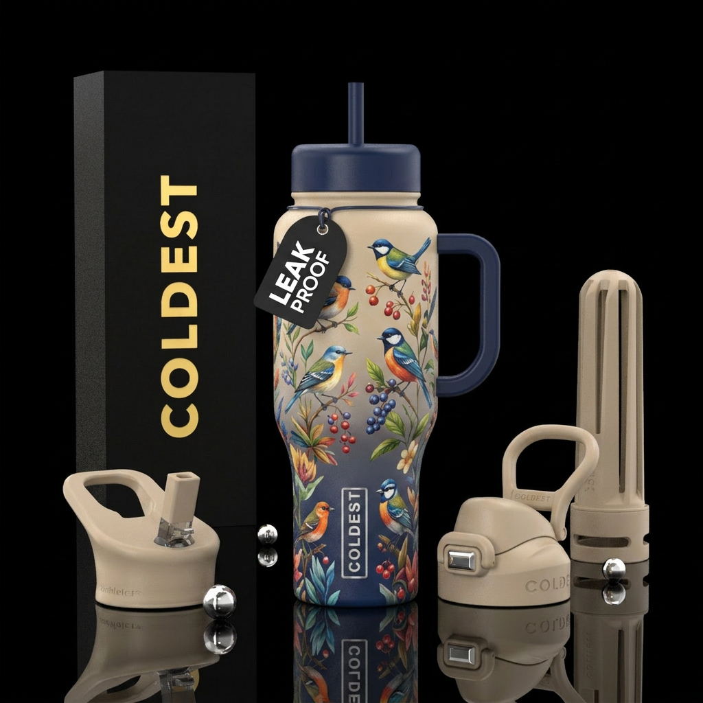 birds, realism eating vibrant colors on beige navy... water bottle design