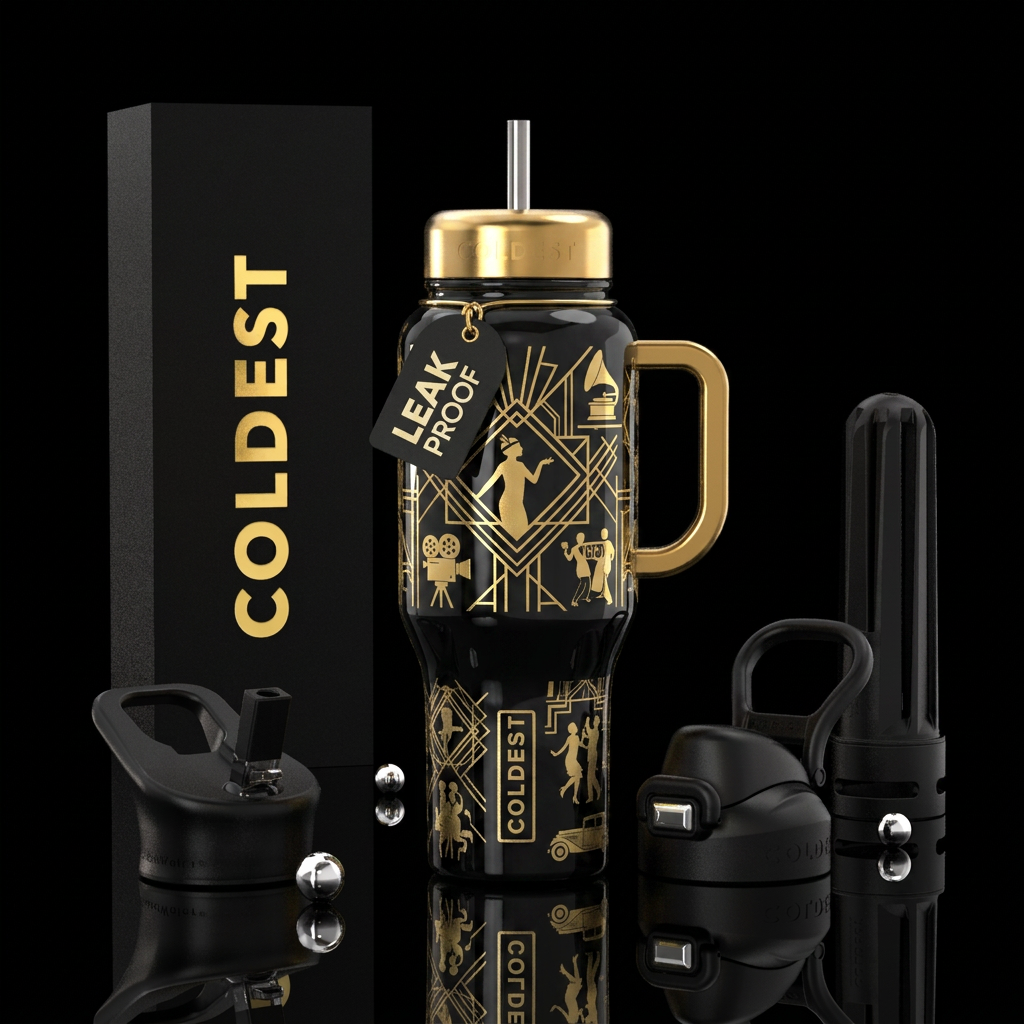 1920’s iconic symbols on black glossy bottle with ... water bottle design