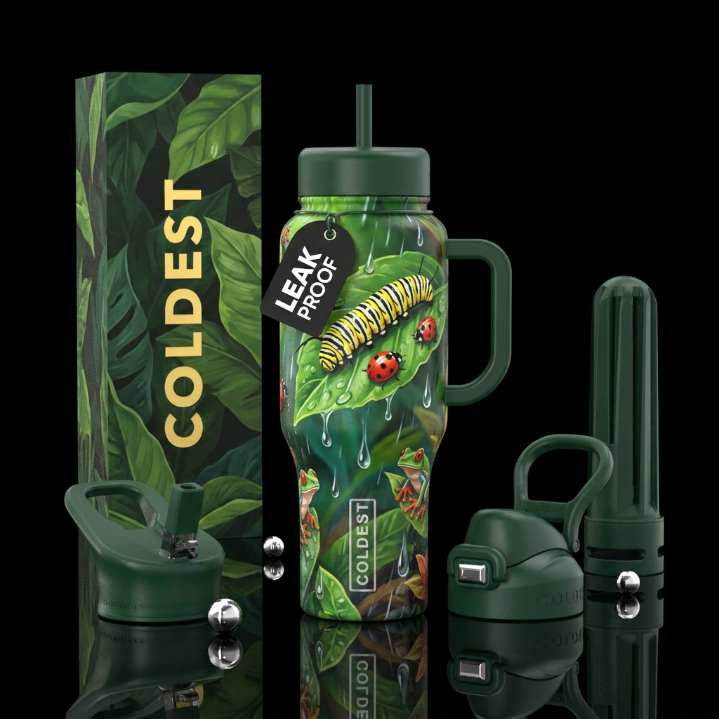 caterpillar on leaf bright colors with ladybug pre... water bottle design