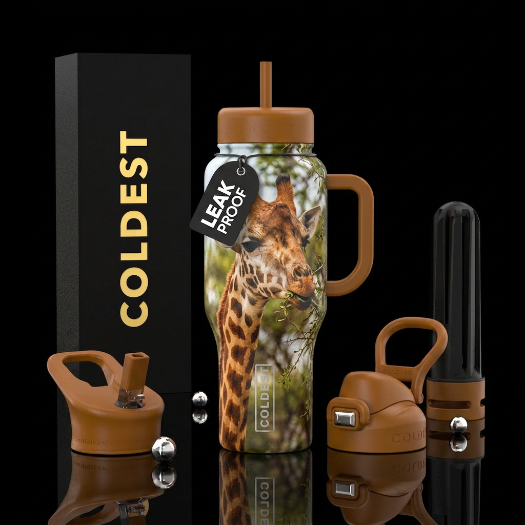 Beautiful giraffe close up in safari eating from a... water bottle design