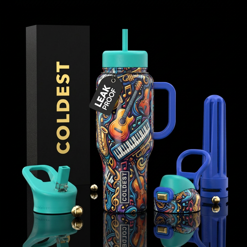 musical instruments all over the bottle, shiny, st... water bottle design