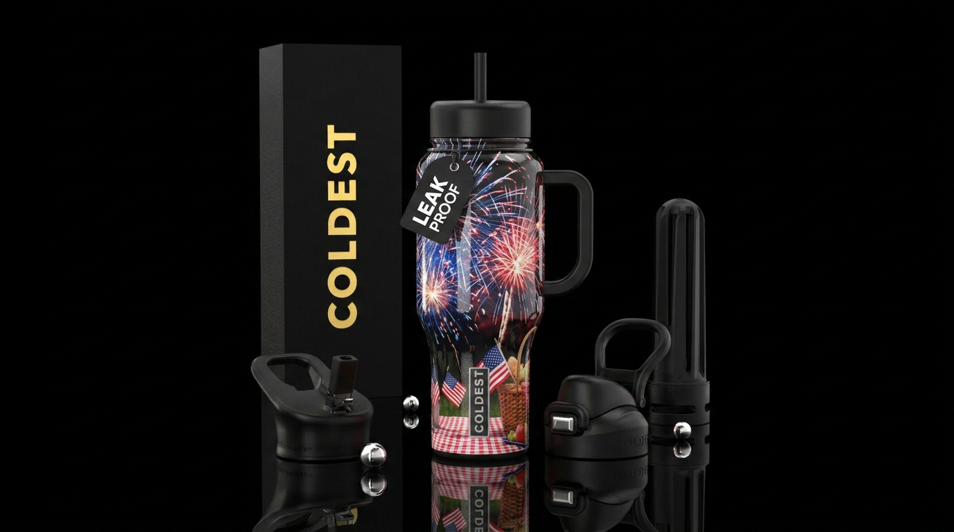 4th of July picnic with fireworks, happy mood patr... water bottle design