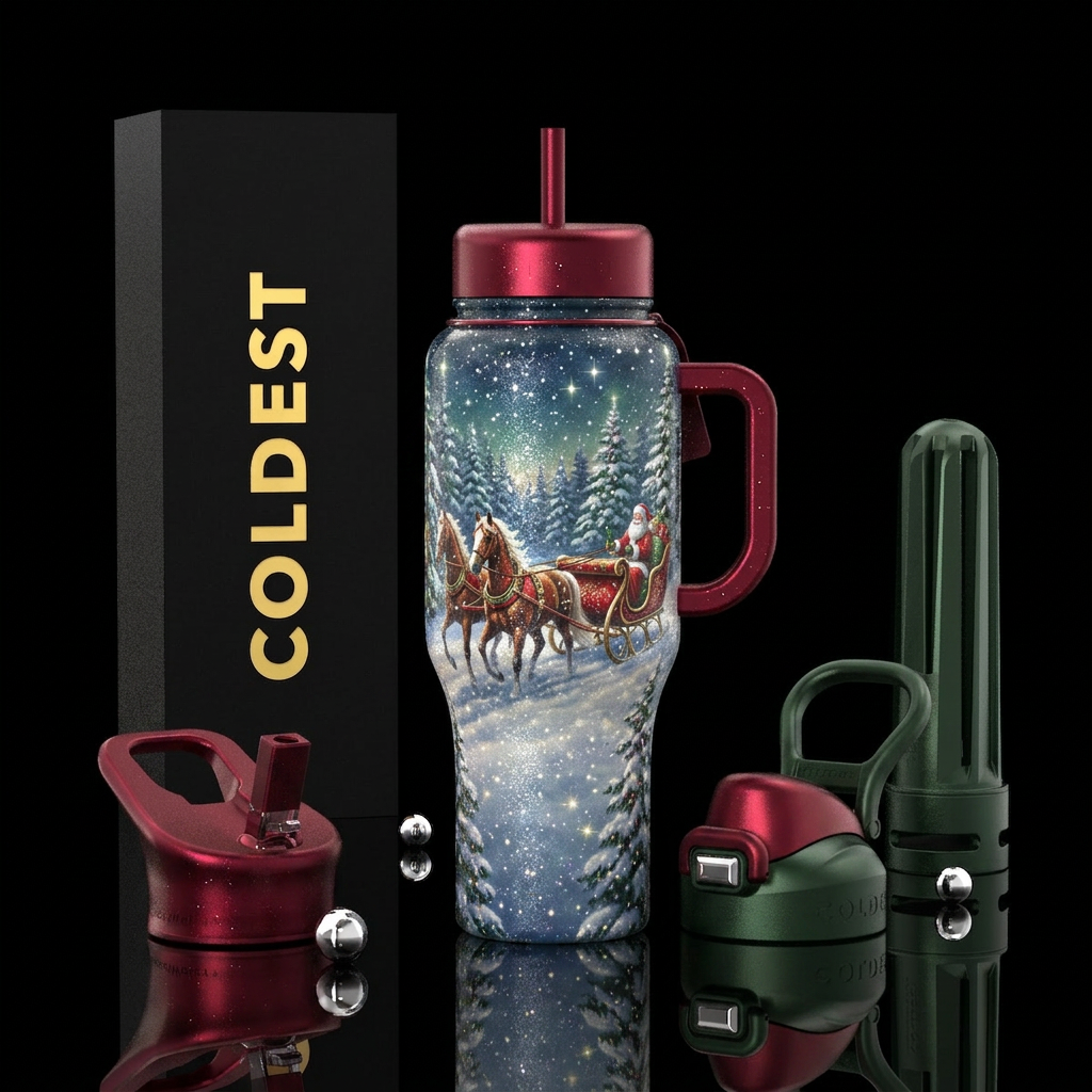 Festive Christmas sleigh ride realistic, sparkly water bottle design