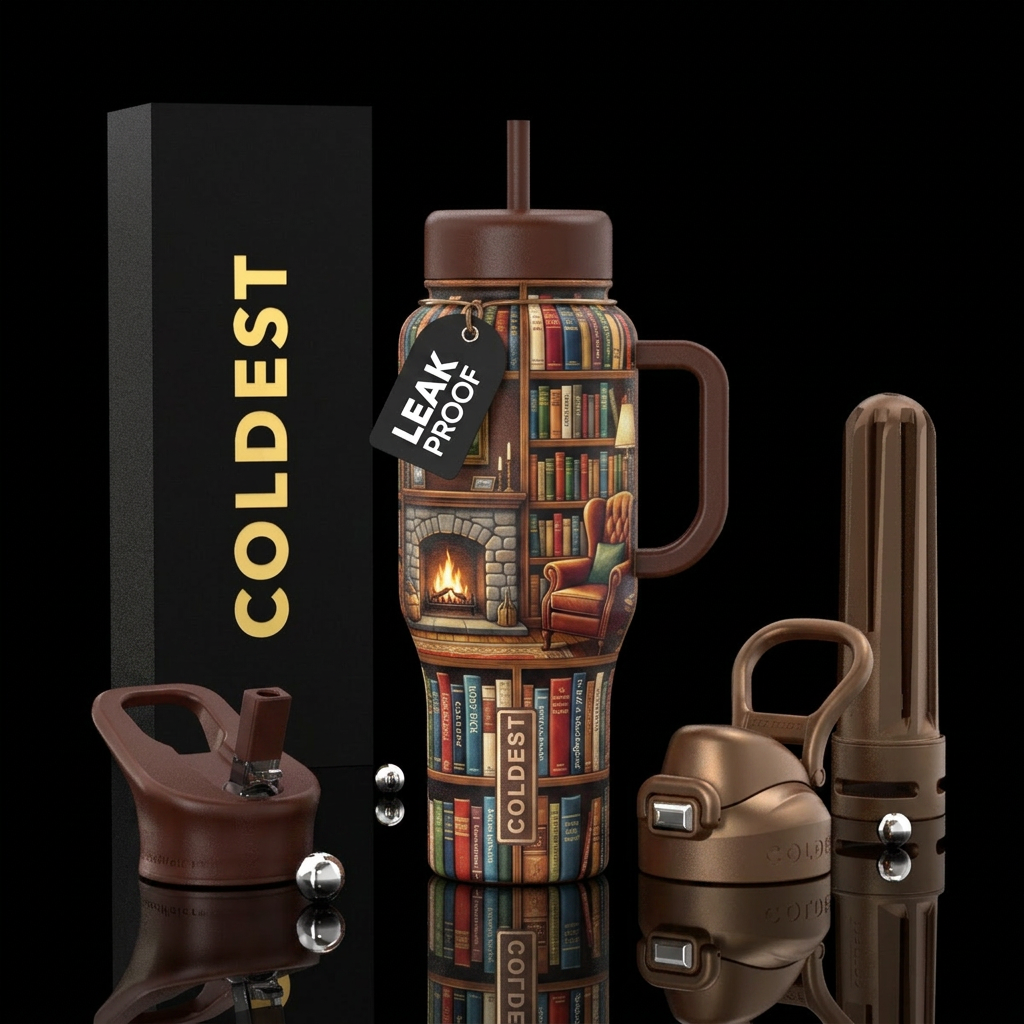 Classic American novels on bookshelf in cozy den w... water bottle design