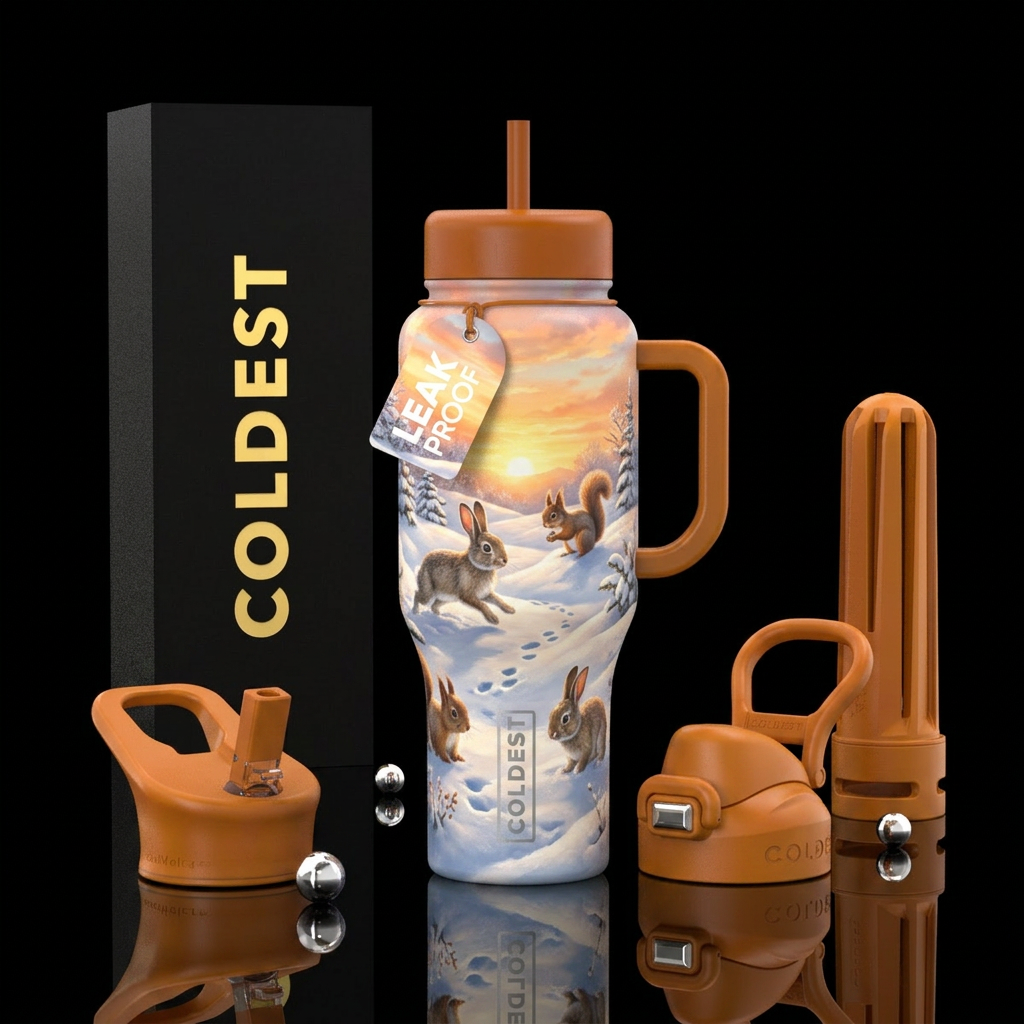 Bunnies and squirrels playing in the snow at dawn ... water bottle design