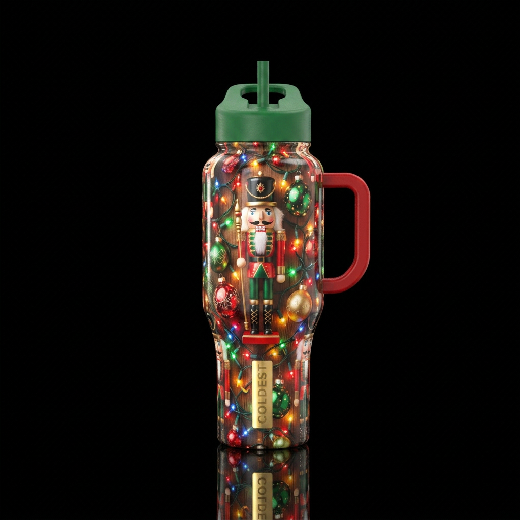 Christmas nutcracker with Christmas bulbs and Chri... water bottle design