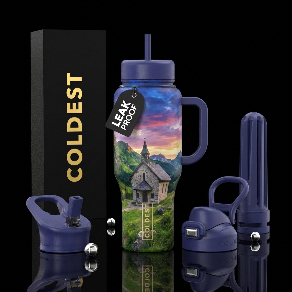 Peaceful chapel in mountains on summer evening vib... water bottle design