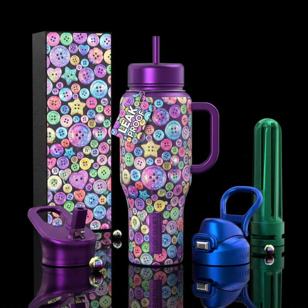 Colorful buttons of all sizes and shapes, sparkly,... water bottle design