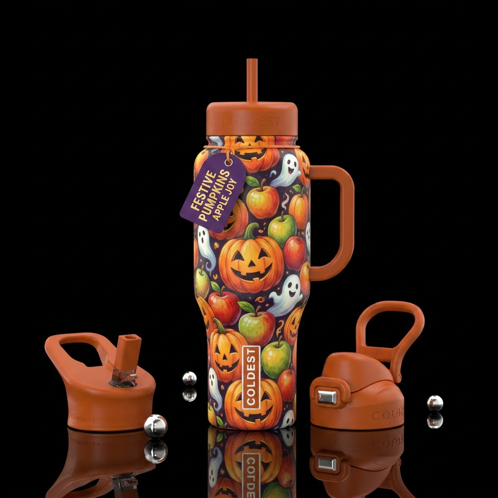 Halloween fun happy mood pumpkins apples festive water bottle design
