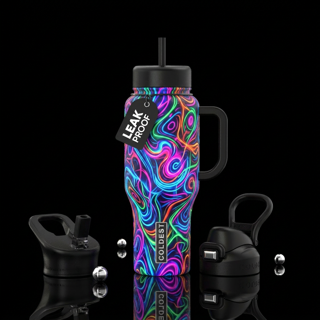 Abstract neon colors, vibrant water bottle design