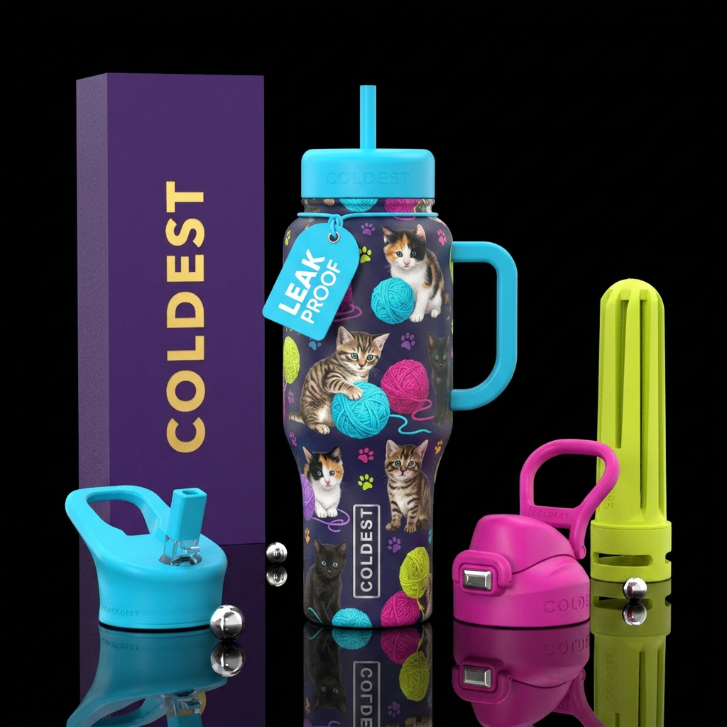 Fun vibrant colorful kittens playing with yarn water bottle design