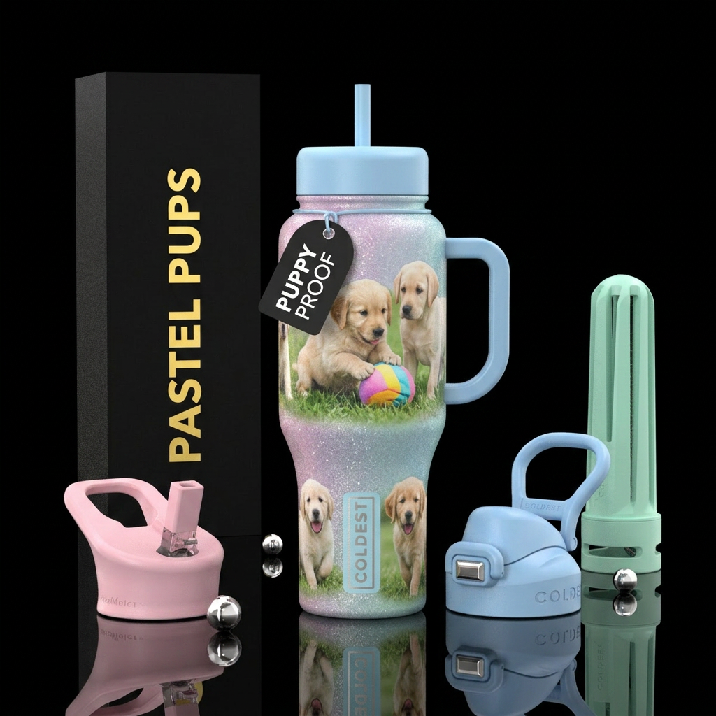 Pastel glitter cup with puppies playing with a bal... water bottle design