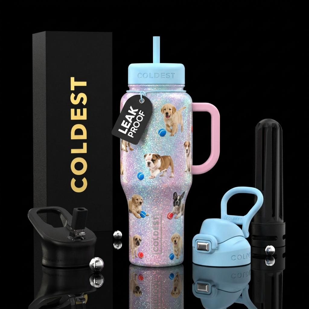 Pastel glitter cup with puppies playing with a bal... water bottle design