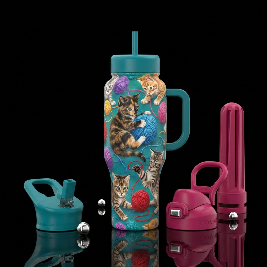 Fun vibrant colorful kittens playing with yarn water bottle design