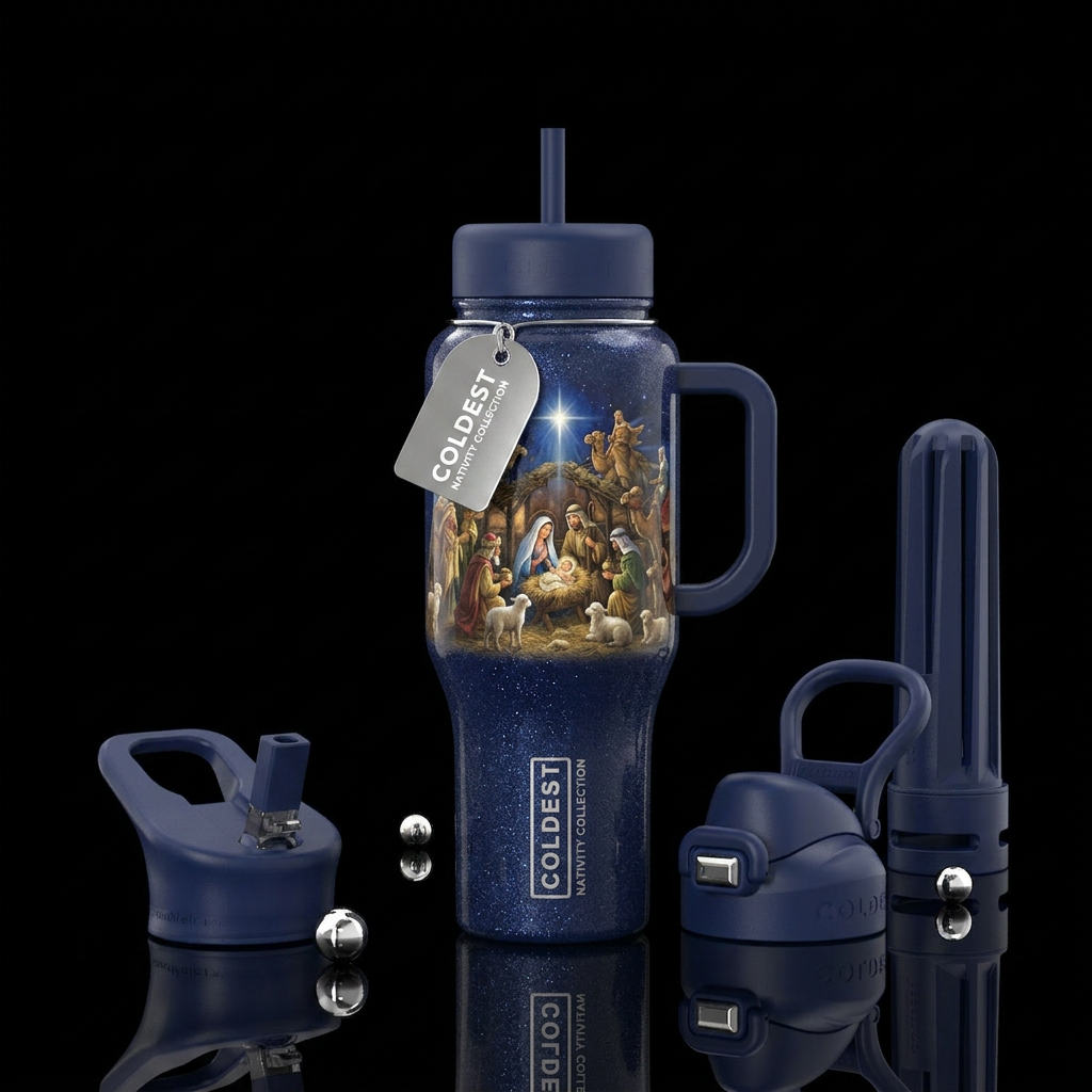 Nativity with navy blue sparkly tumbler, realism water bottle design