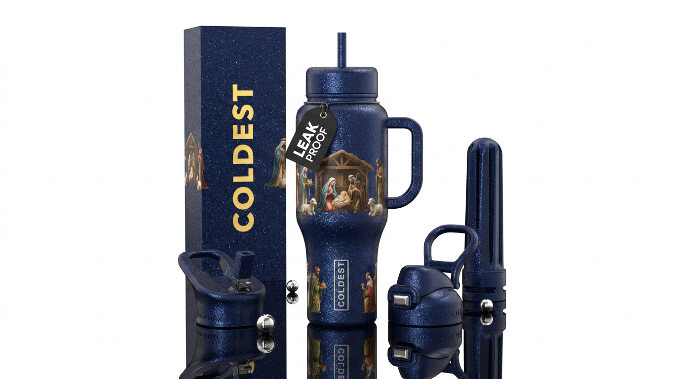 Nativity with navy blue sparkly tumbler, realism water bottle design