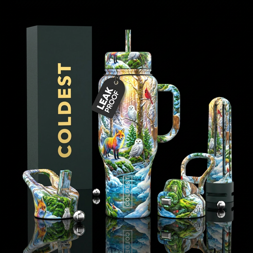 Forest in winter lush vibrant colors with animals water bottle design