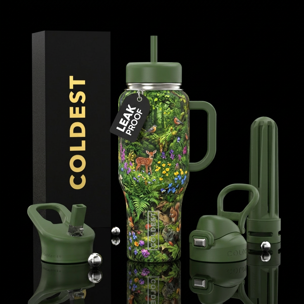 Forest in summer time with animals and flowers lus... water bottle design