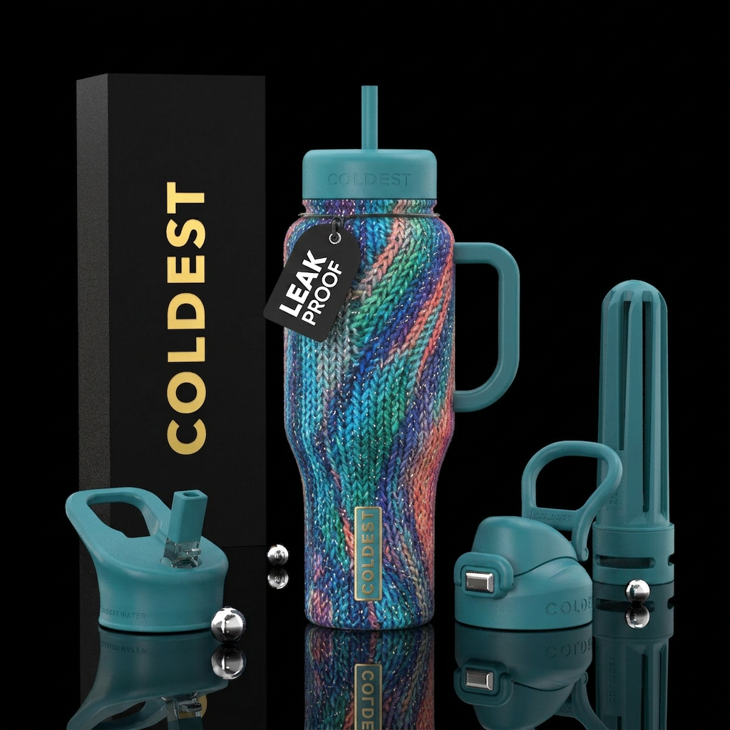 Knitted pattern on bottle bright colors shiny glit... water bottle design