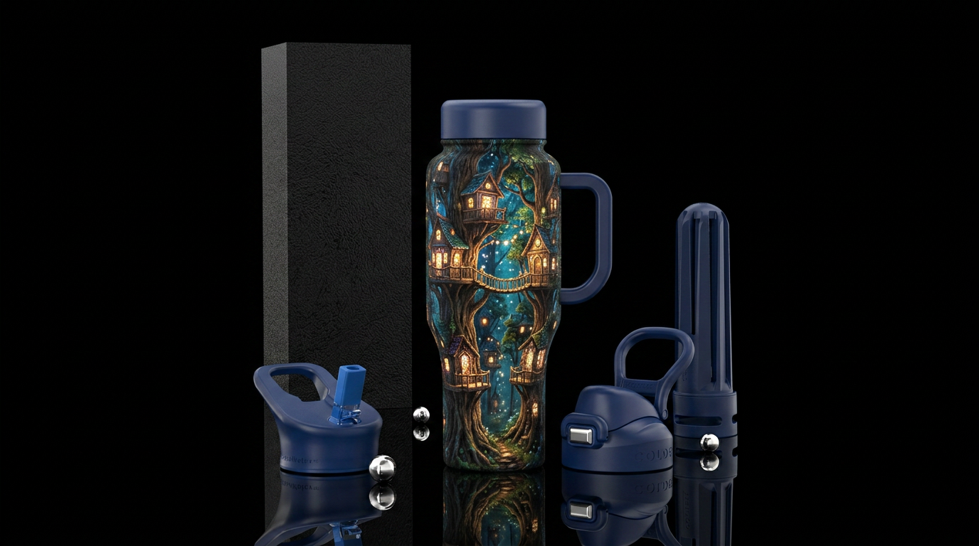 Village of treehouses lit up at night with beautif... water bottle design