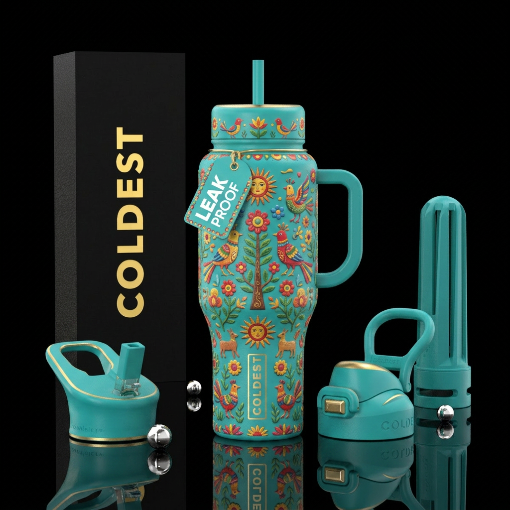 folk art, happy mood water bottle design