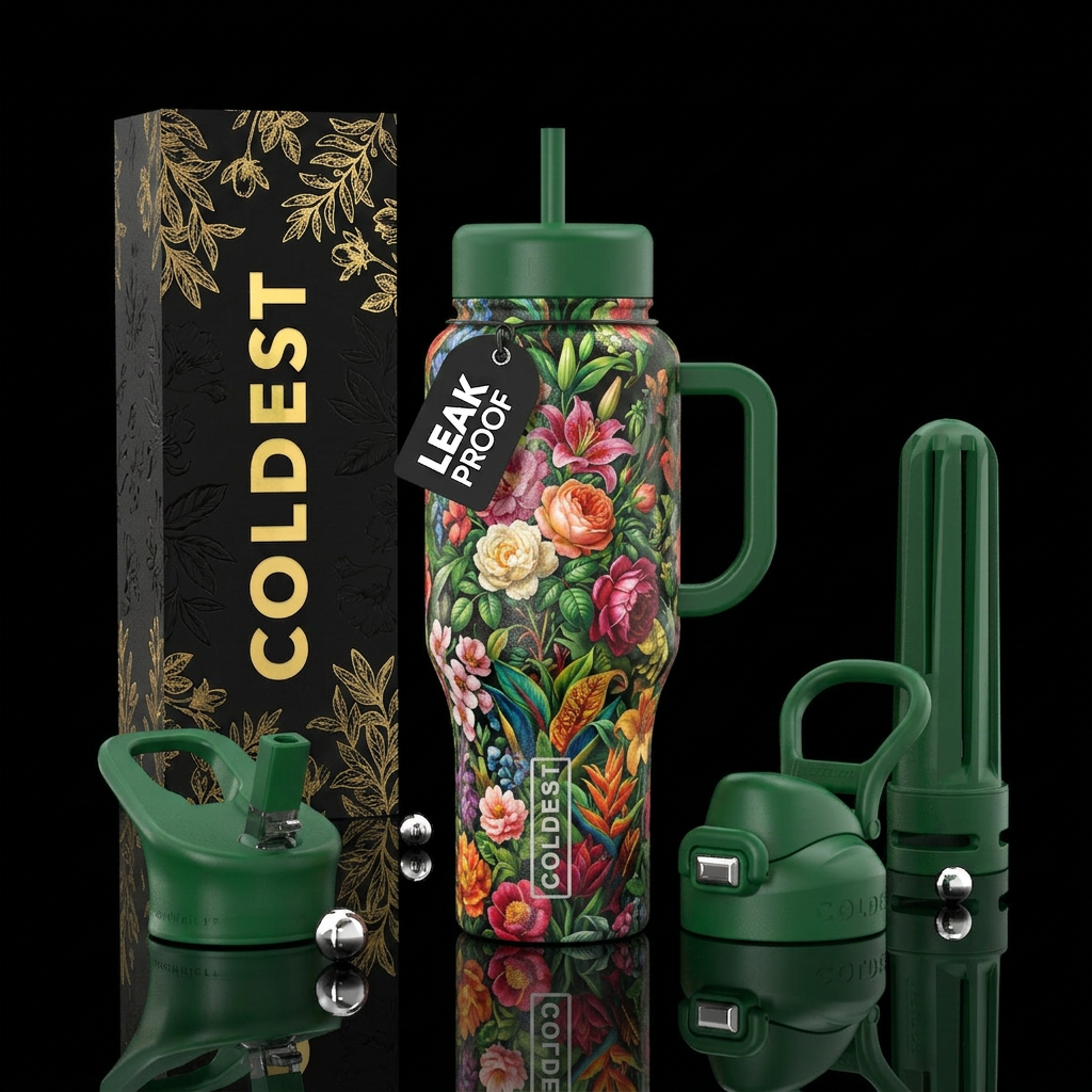 luxurious botanical garden vibrant realism water bottle design