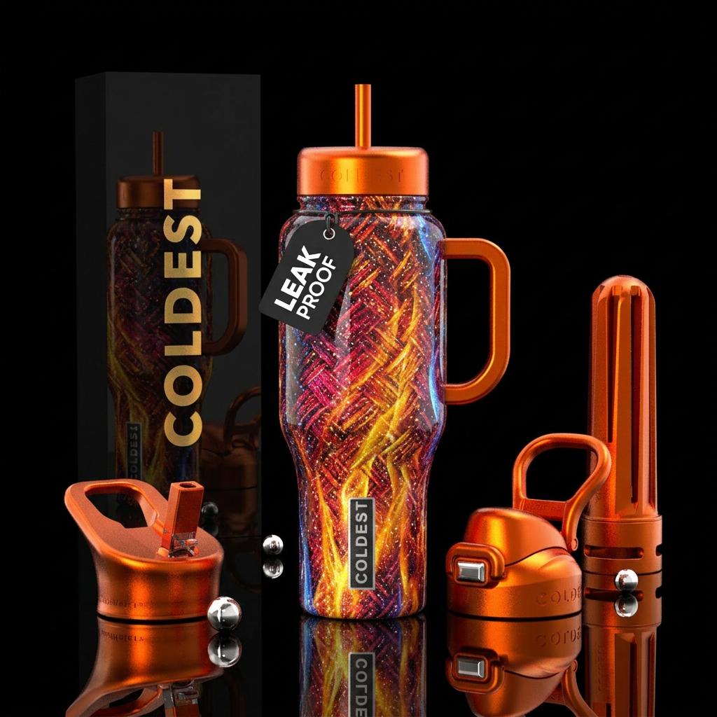 weaving, stylistic, sparkly, firery water bottle design