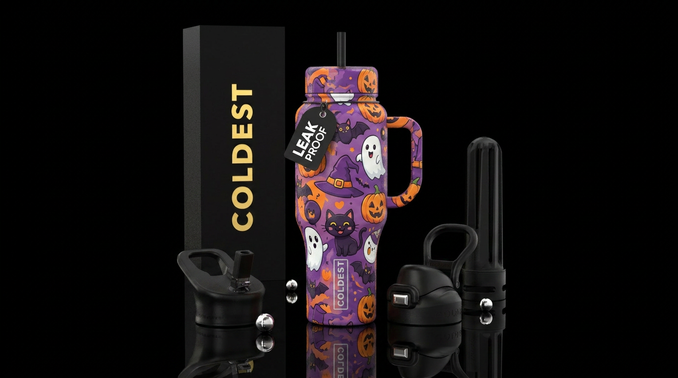 Funny cartoon Halloween purple and orange with fri... water bottle design