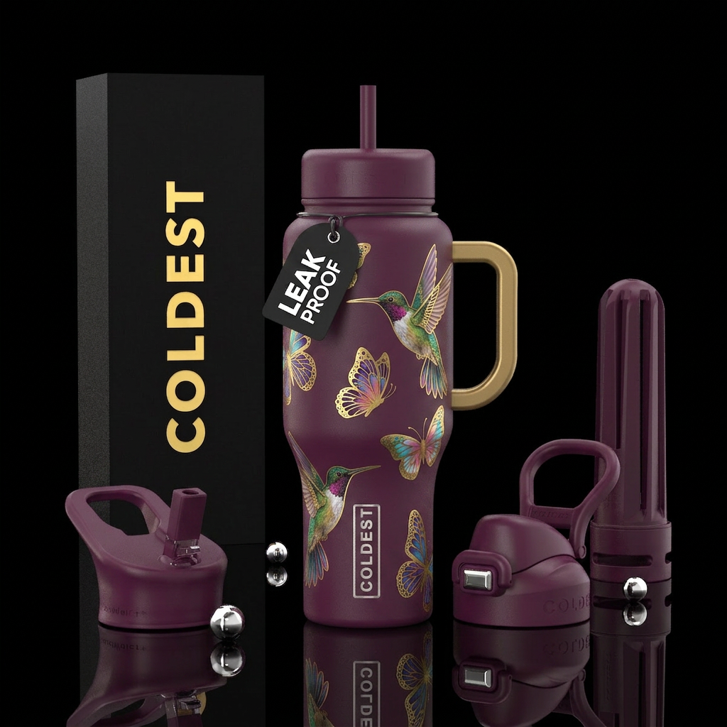 Plum color bottle with gold handle, gold outlined ... water bottle design