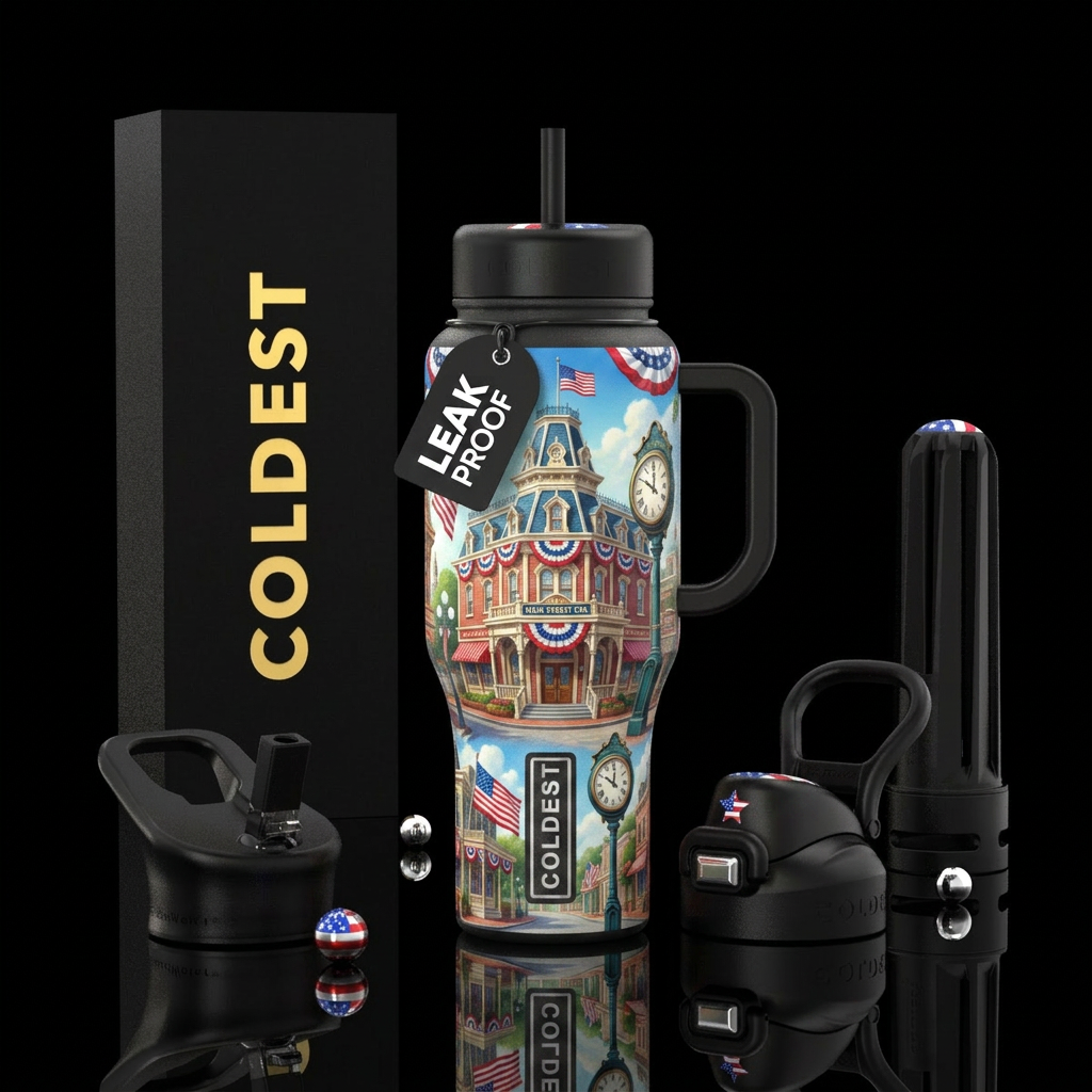 realism, Main Street USA, patriotic, vibrant color... water bottle design