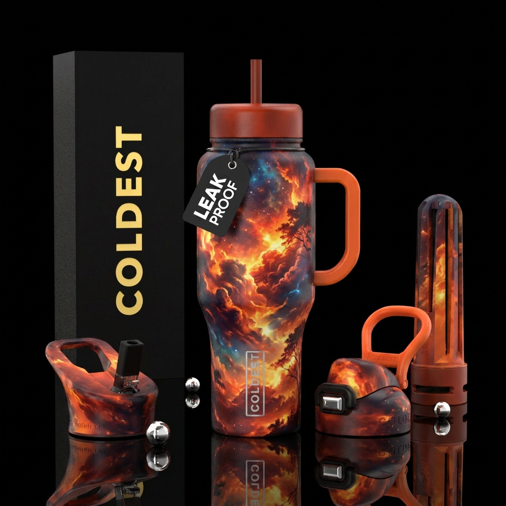 firery, explosive, clouds, trees, beautiul water bottle design