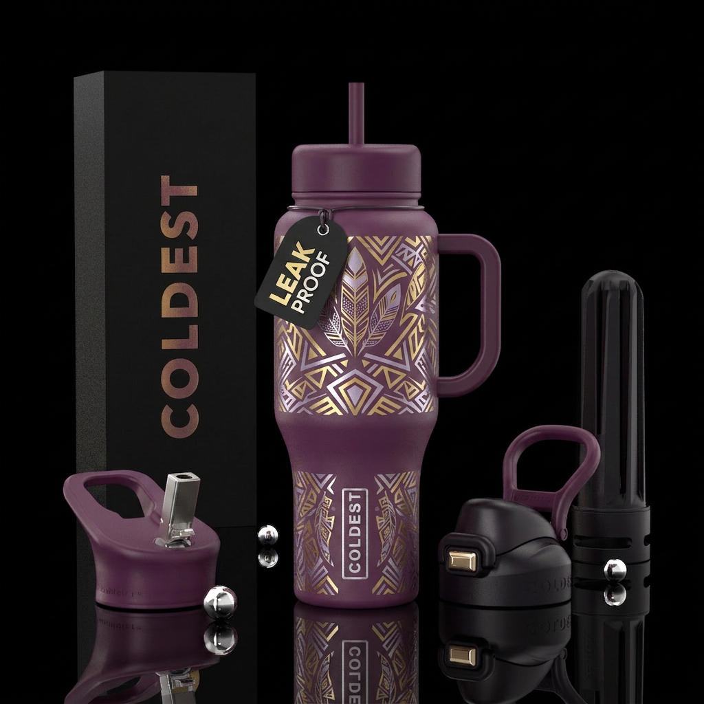 Plum matte bottle with gold, silver, lilac geometr... water bottle design