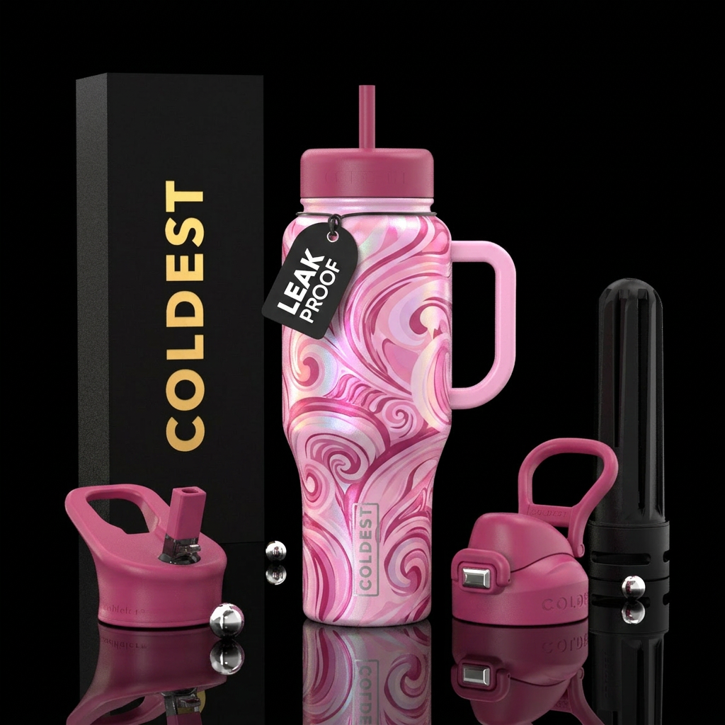 artistic, swirls, light pink, dark pink on iridesc... water bottle design