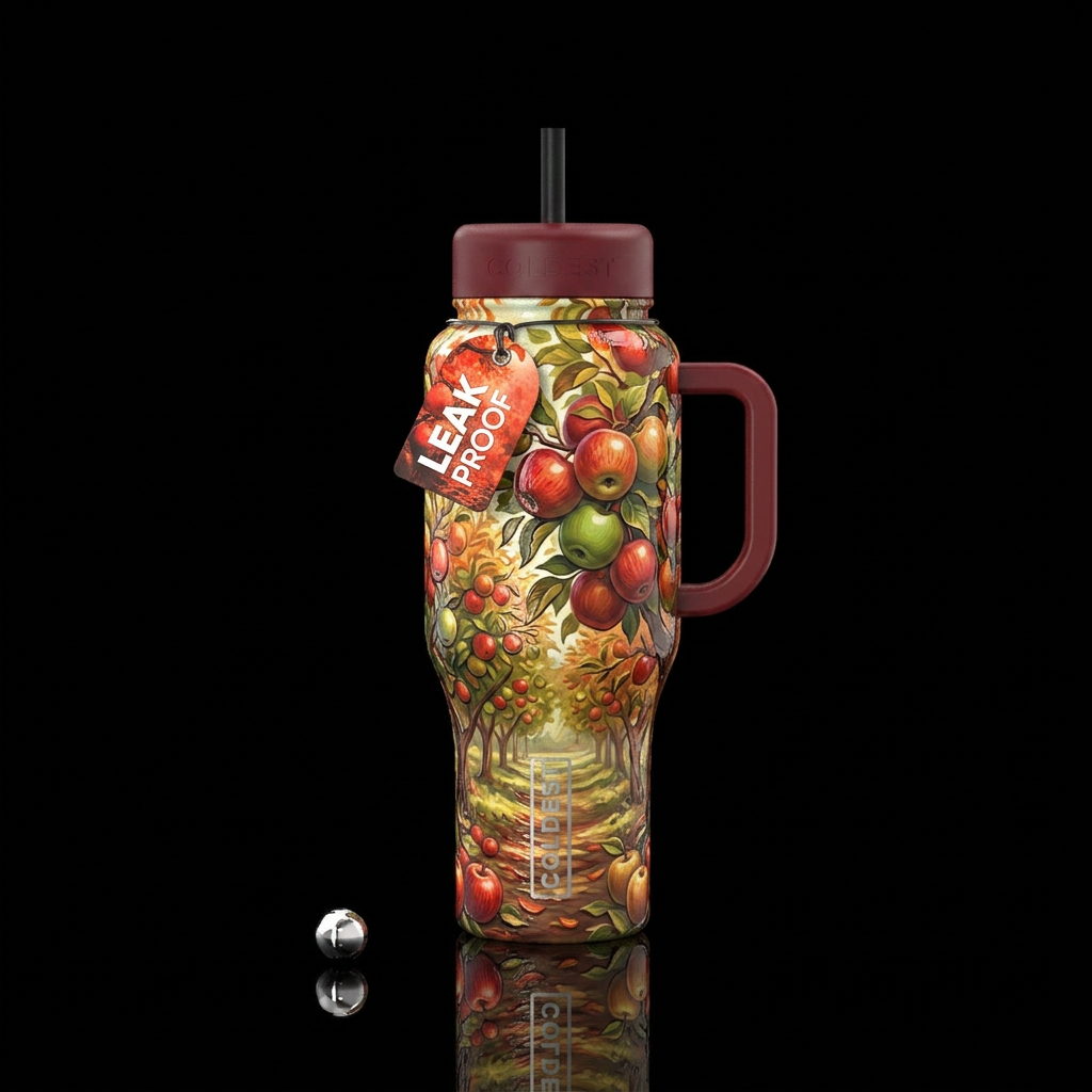 Fall day picking apples in an orchard water bottle design