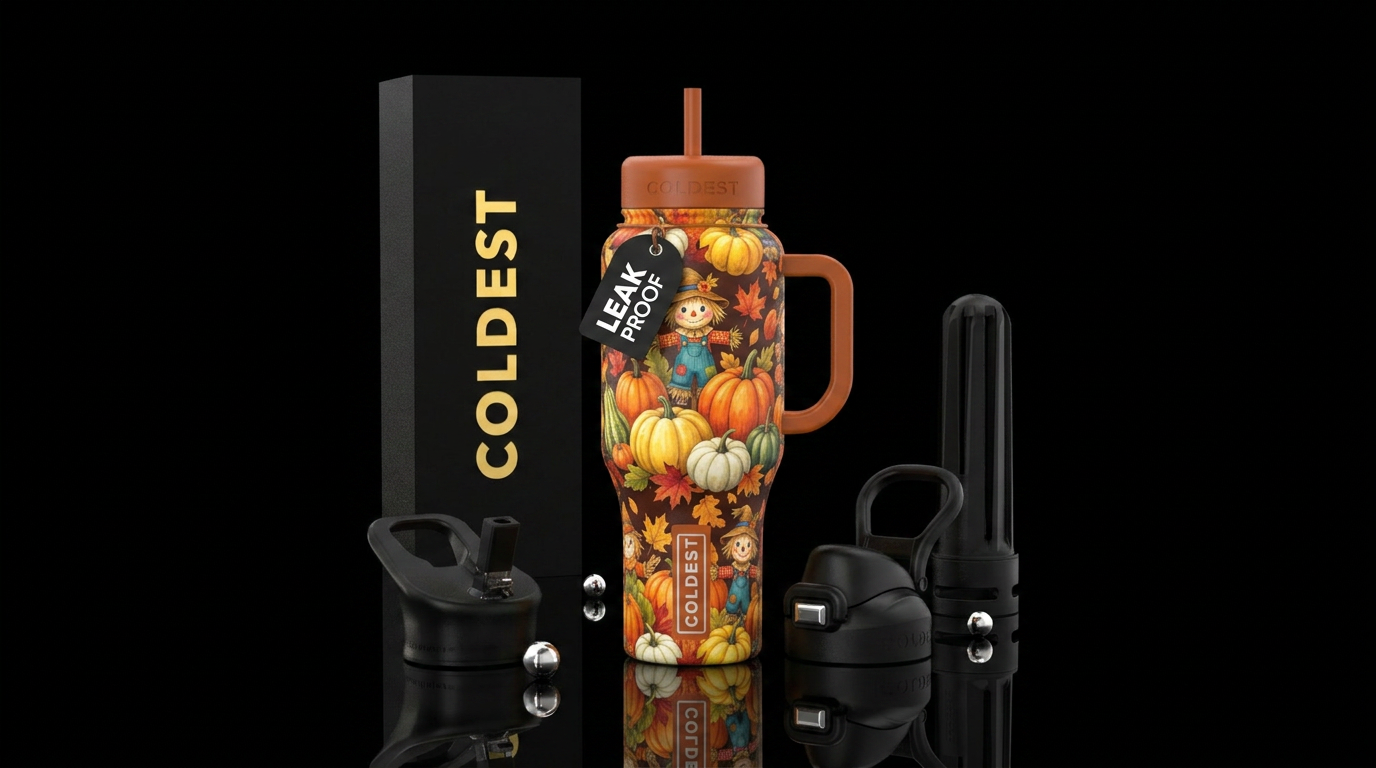 Fall season with pumpkins, leaves and cute scarecr... water bottle design