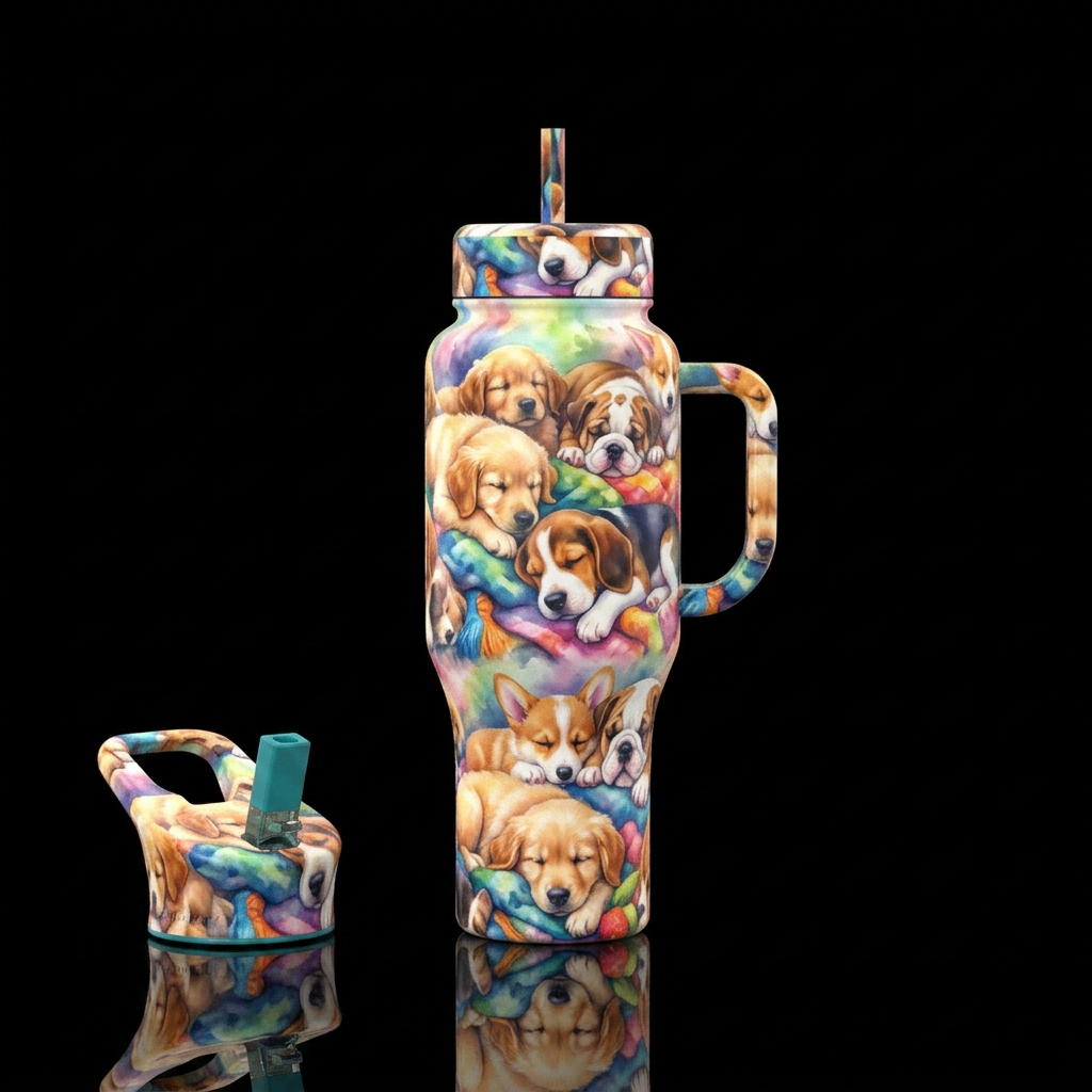 Puppies Ste sting after playtime, lush colors water bottle design