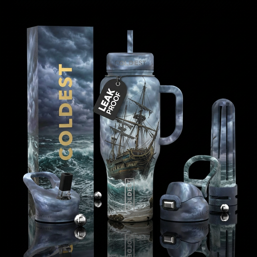 shipwreck, stormy day, cloudy water bottle design