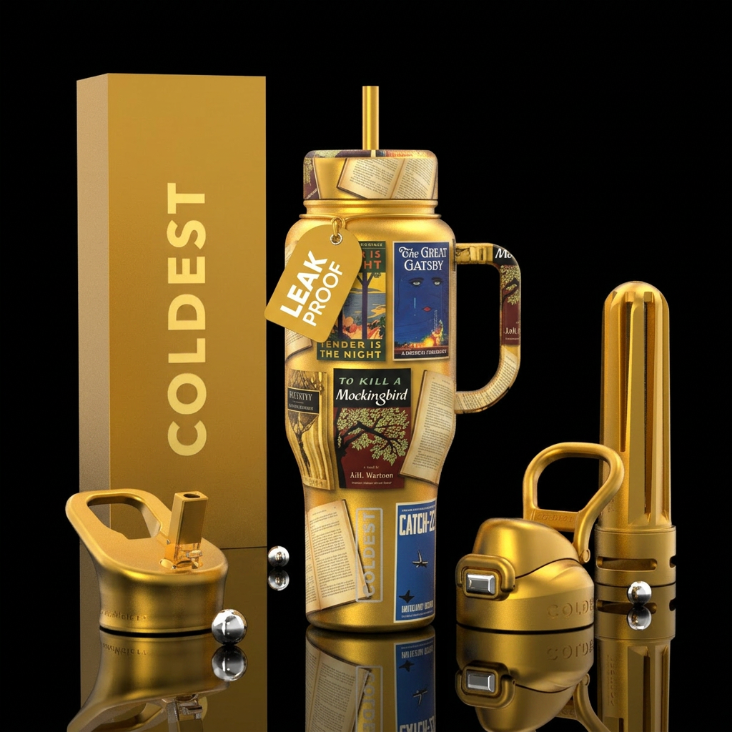 Golden color, classic American novels with books o... water bottle design