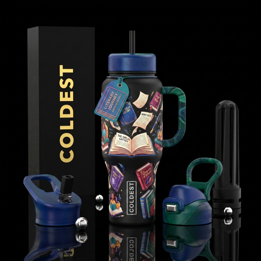 Inspiring, reading, American novels with books ope... water bottle design