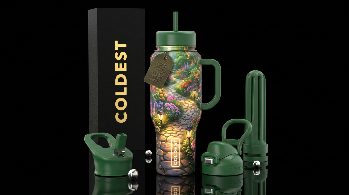 Summer path with vibrant flowers and lighted path water bottle design