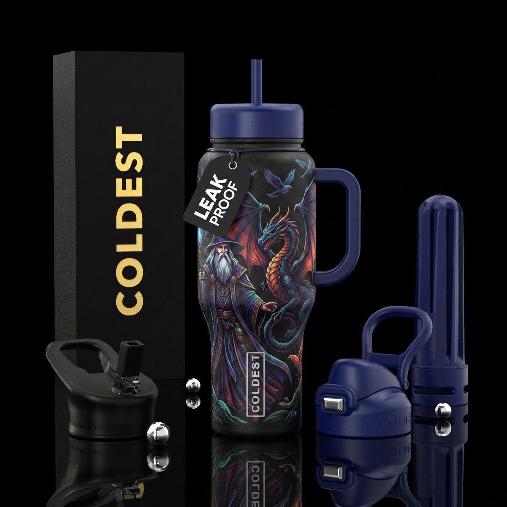 dark mood, wizard, birds, dragon water bottle design