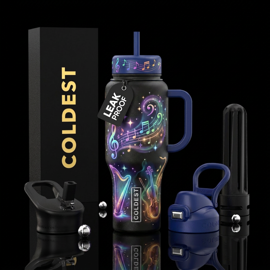 whimsical, magical, music, beautiul water bottle design